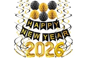 HEYPRIIL New Year Decorations 2026, Happy New Year NYE Eve Party Supplies Banner with Hanging Swirl, Honeycomb Balls Decorations for Home Office Classroom, Black Gold