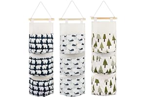 AUHOKY 3Pcs Wall Closet Hanging Storage Bag, Premium Linen Fabric Over The Door Organizer, Hanging Storage Pouches with 3 Pockets for Bedroom Bathroom - Waterproof & Stylish (Bear/Tree/Whale)