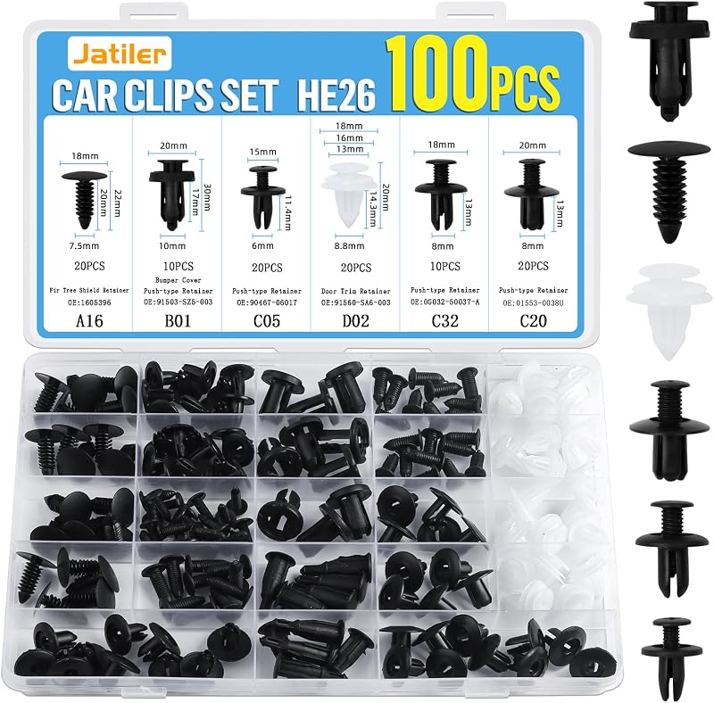 JatilEr 100 Pcs Car Trim Clips Universal Push Rivets Nylon Fasteners 6 Sizes