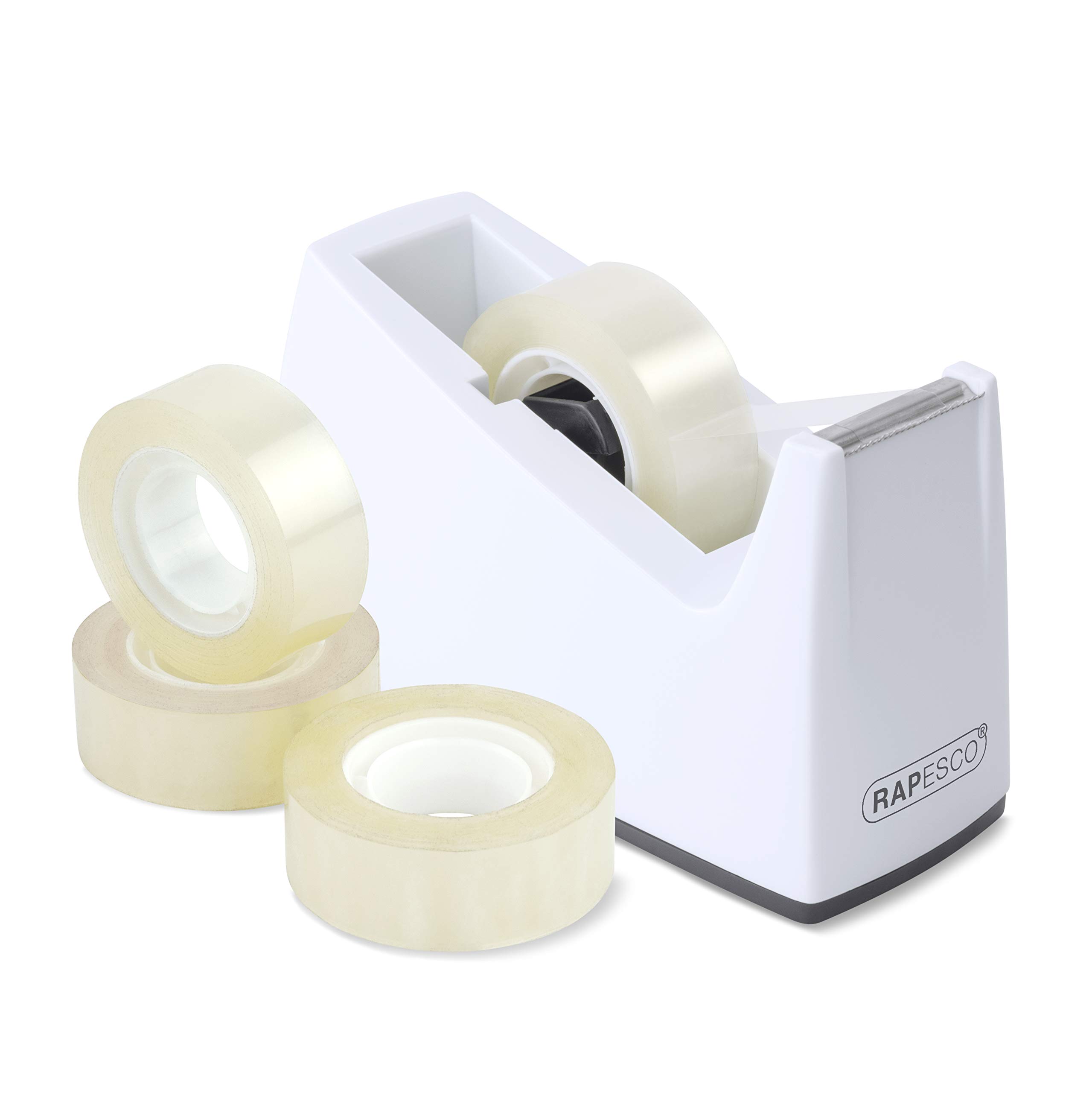 Rapesco 1620 300 Tape Dispenser for Rolls with 1" (25 mm) Core, Includes 4 Tape Rolls, White