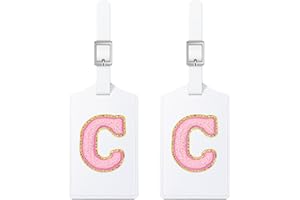 Sodsay 2 PCS Initial Luggage Tag, Luggage Tags for Suitcases Cute Embroidered Letter PU Leather Travel Bag Baggage Tags Privacy Cover ID Label for Women Kids Teens Men(C, White Leather+Pink Letter)