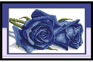 Amiiba Stamped Cross Stitch Kits, Blue Rose Flowers DIY 11CT 17.3x10.6 inch (Blue)