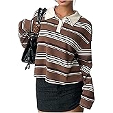 MakeMeChic Women's Striped Rugby Shirt Crop Tops Collared Long Sleeve Y2k Preppy Tee Tops
