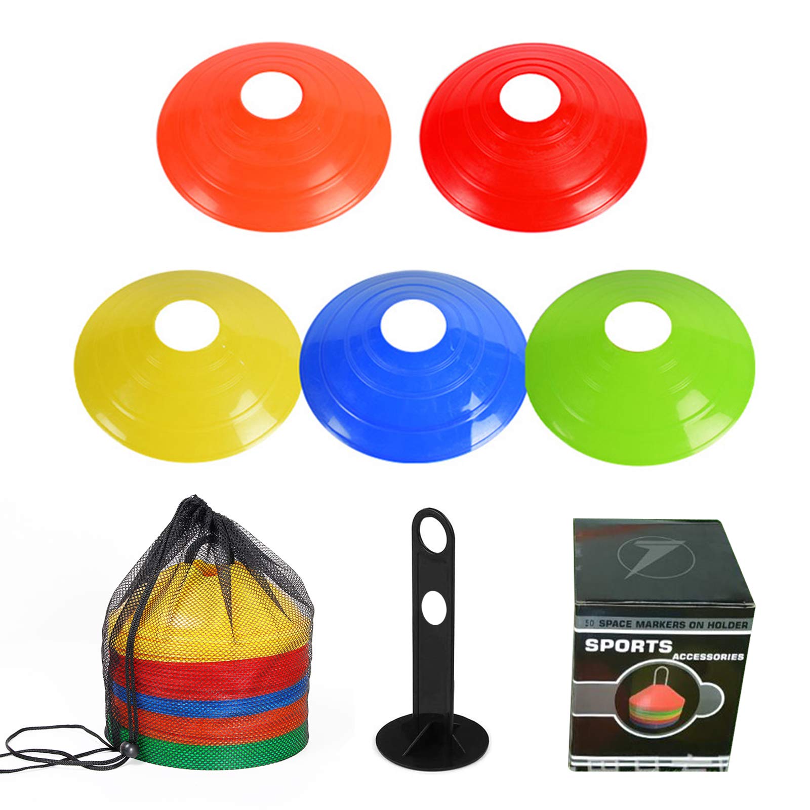 Elinala Football Cones, Training Cones, 50PCS Mixed Color Disc-Shaped Agility Plastic Sports Cone for Football, Basketball, Skating, Games