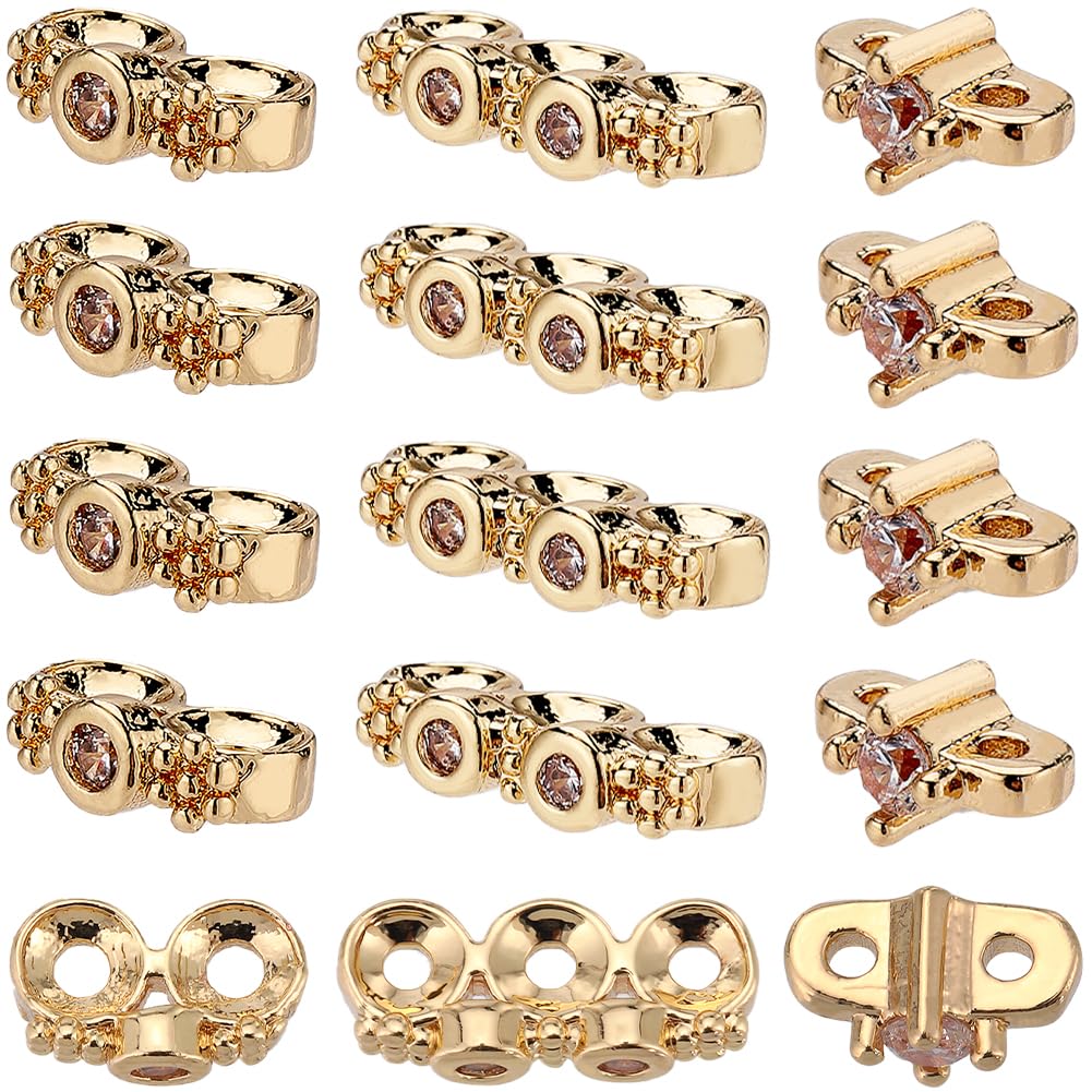 SUNNYCLUE 30Pcs 3 Styles Real 14K Gold Plated Rhinestone Two Hole Spacer Beads Metal Flower Spacer Beads Brass Pave Cubic Multi Strand Hole Link Connector Bead for Jewellery Making Beads DIY Bracelets