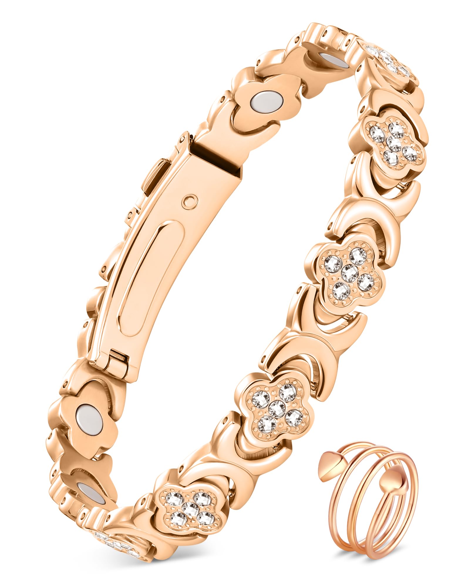 Photo 1 of Feraco Pure Copper Bracelets & Rings for Women, Ultra Strength Magnetic Bracelet for Women with Neodymium Magnets & Sparkling Cubic Zirconia, Adjustable, Infinite Clover Jewelry (Rose Gold)