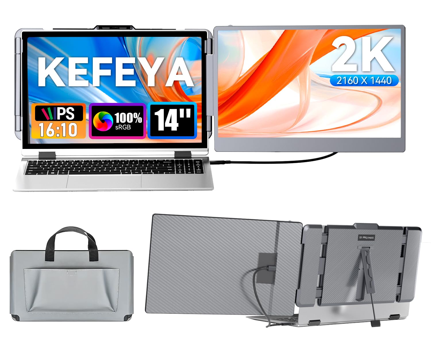 KEFEYA Laptop Screen Extender 2K, 2160x1440 QHD Laptop Monitor Extender Dual Screen, 14” Portable Monitor for Laptops 13-17" with USB-C/HDMI Port, Plug n Play for Windows/Mac/Android/Switch/PS5 Image