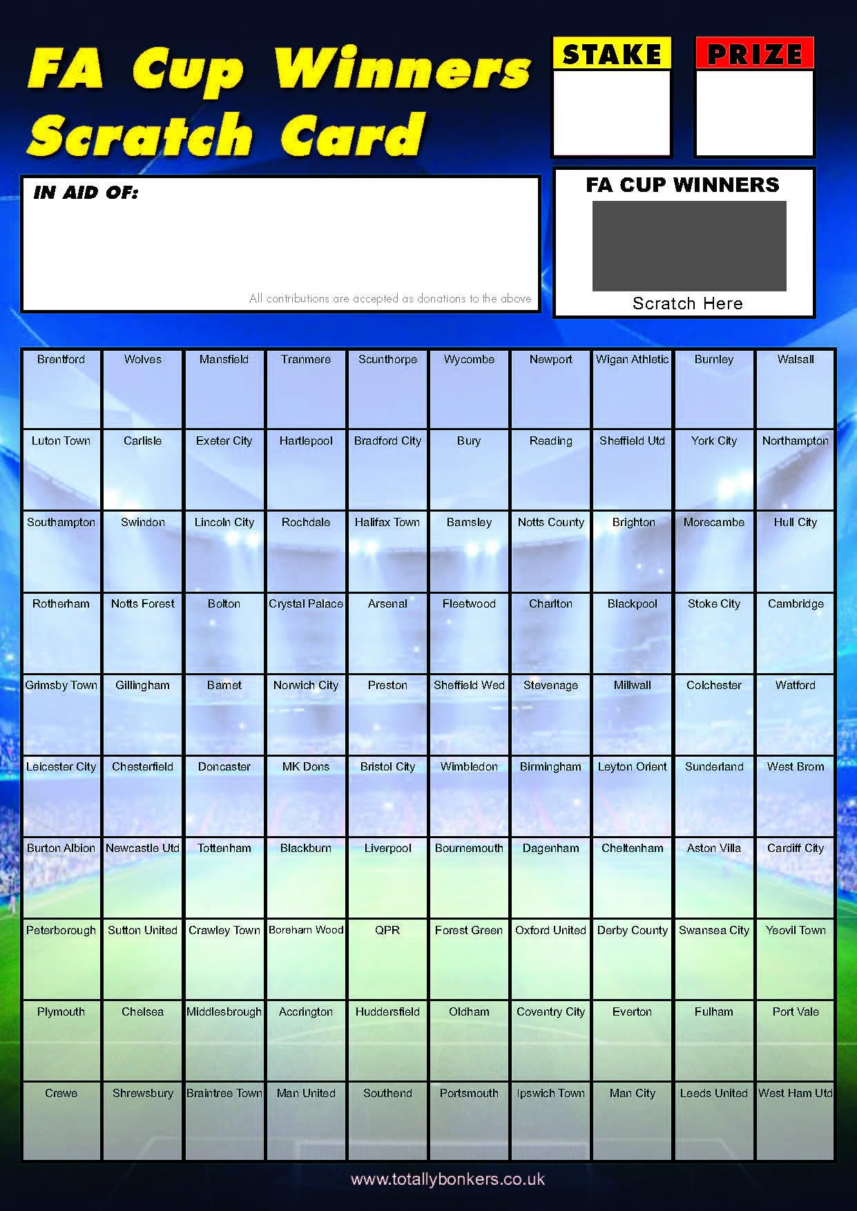 Totally Bonkers - Football FA Cup Fundraising Scratch Cards - 100 Square - A4 (297x210mm) -5 Pack - TB0071 - Blind Card