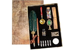 Joyeee Quill Pen Ink Set, Include Feather Pen Ink Bottles, Calligraphy Dip Pen Nibs, Wax Stamp, Sealing Wax Spoon, Writing Paper, Pen Holder Stand, Gift Box, Christmas Gift for Men & Women