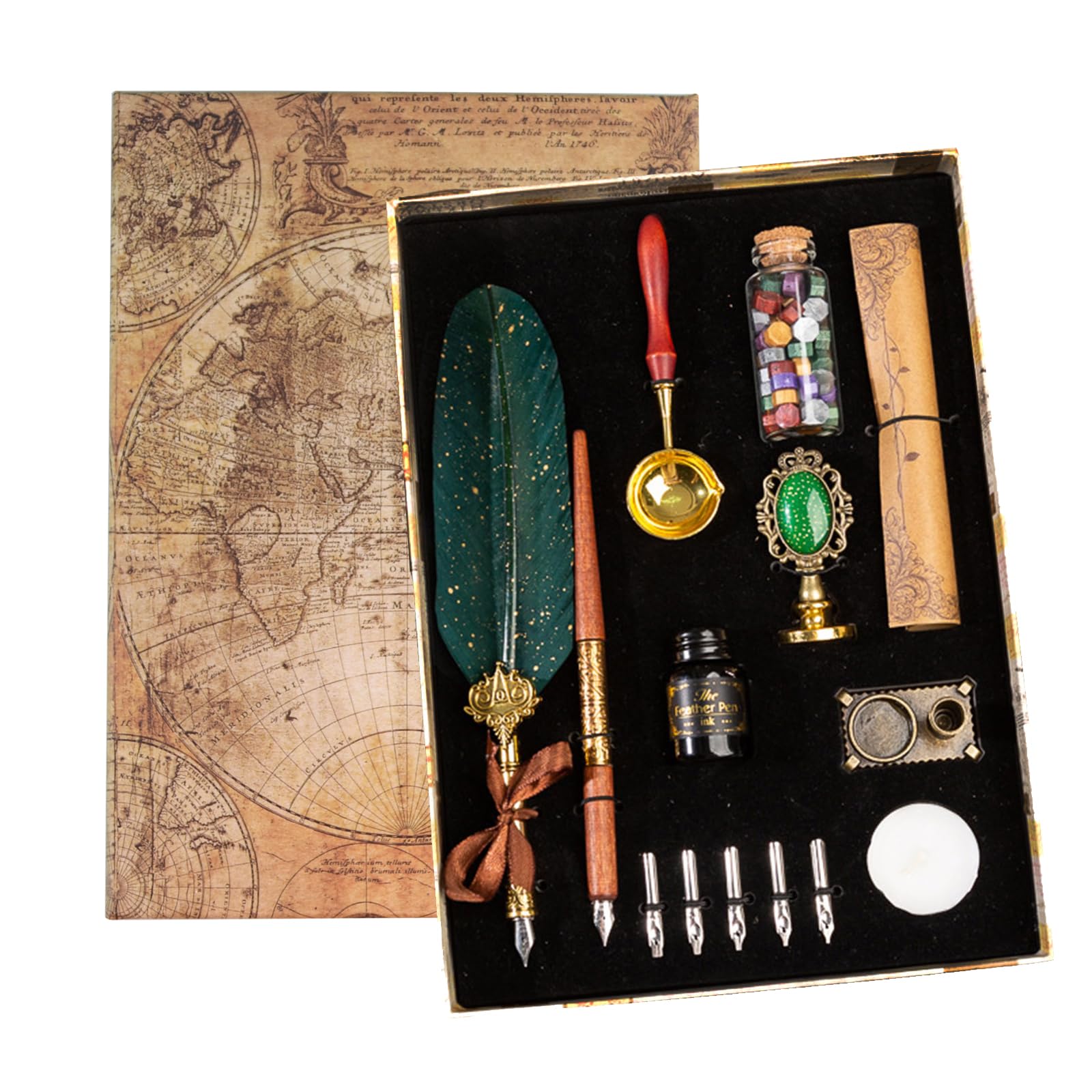 Joyeee Feather Pen Ink Set, include Quill, Wooden Dip Pen, Black Ink, Replaceable Nibs, Seal Stamp, Sealing Wax Beads, Melting Spoon, Tea Wax, Dip Pen Holder Stand, Letter Paper