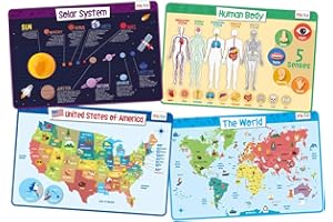 Merka Placemats for Kids, 4 Pack Educational Placemat for Dining Table, Non Slip, Washable, Reusable, Learning Solar System, Human Body Chart, World Geography, and USA Map