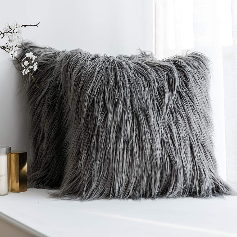 MIULEE Pack of 2 Decorative New Luxury Series Style Grey Faux Fur Throw Pillow Case Cushion Cover for Sofa Bedroom Car 18 x 18 Inch 45 x 45 cm
