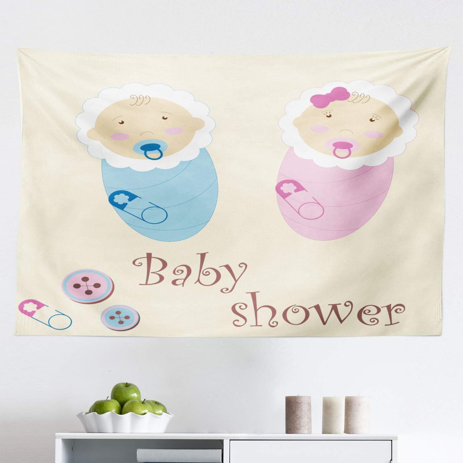 Lunarable Baby Shower Tapestry Boy And Girl Twins Cartoon Style Newborn Babies On Polka Dotted Background Fabric Wall Hanging Decor For Bedroom Living Room Dorm 45 W X 30 L Inches Multicolor