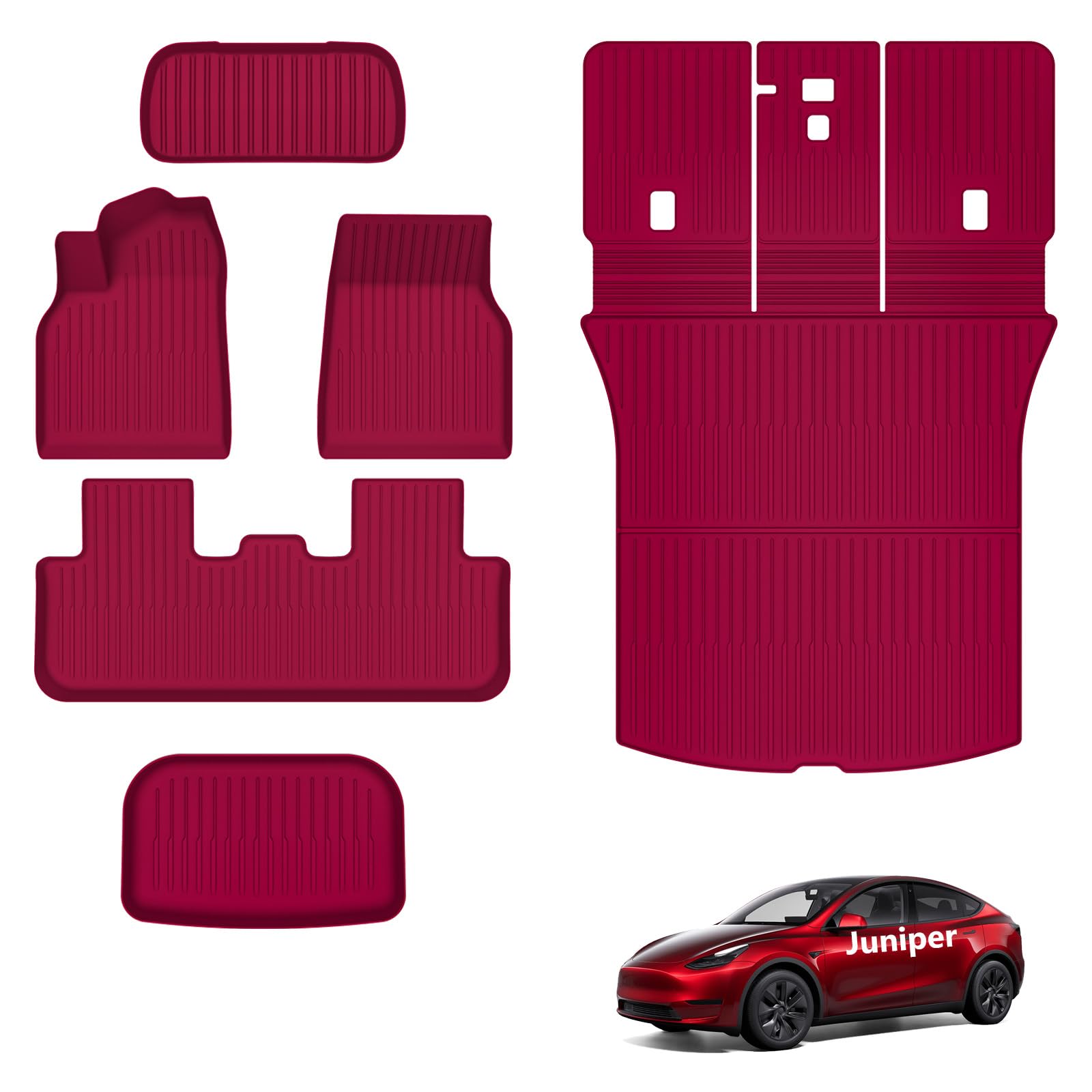 Photo 1 of AUXKO All Weather Floor Mats for 2025 2026 New Tesla Model Y Juniper Cargo Mat with Backrest Mat & Front Trunk Liner & Rear Cargo Mat Car Full Set Accessories Guard Odorless Anti-Slip TPE Mats Red