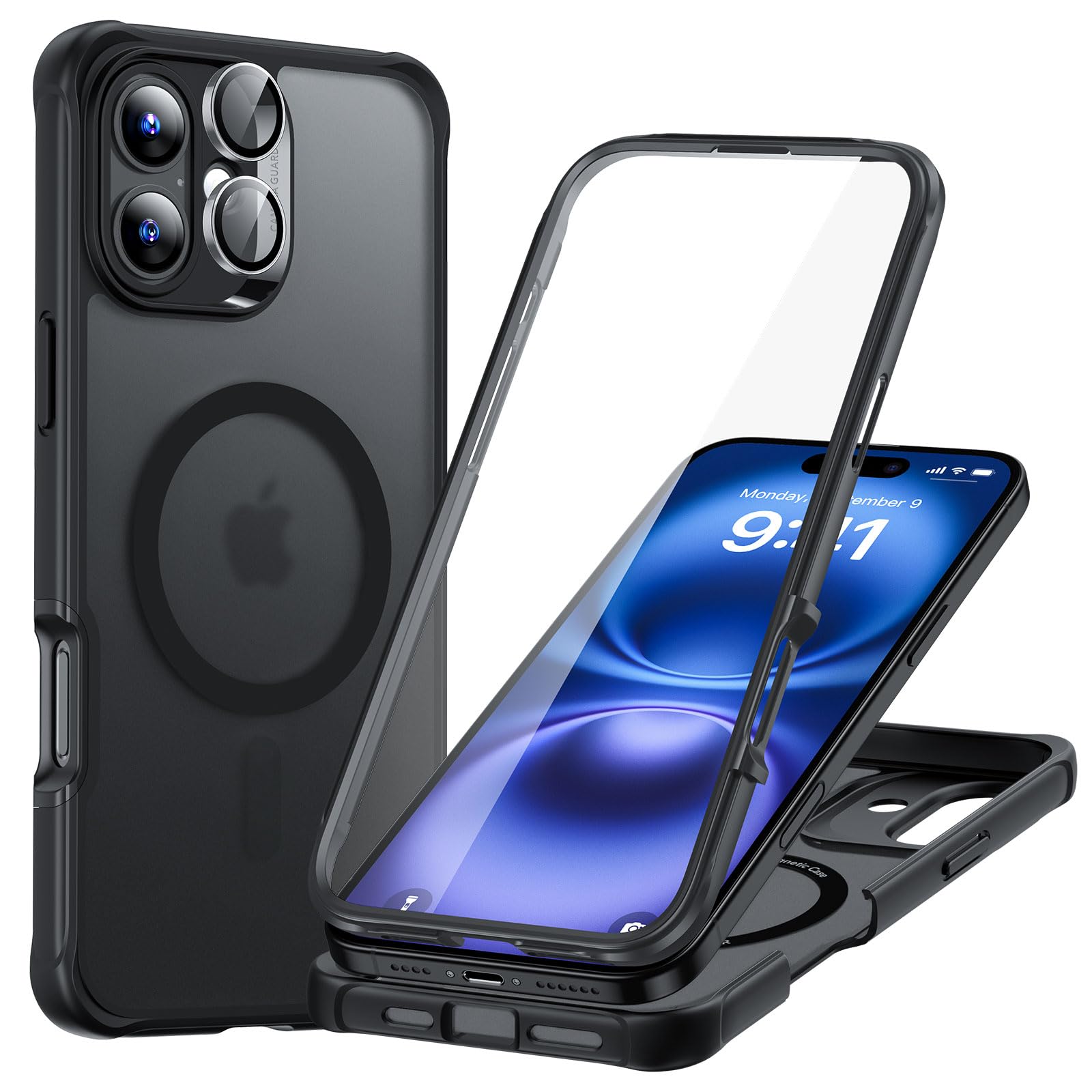 Photo 1 of ESR for iPhone 16 Plus Case, Compatible with MagSafe, Full-Body Military-Grade Drop Proof Case with Built-in 9H+ Tempered Glass Screen Protector, Armor Series, Frosted Black
