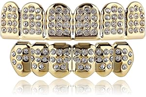 canjoyn 18K Gold and Silver Plated Iced Out CZ Diamond Top and Bottom Grills for Your Teeth Men Women Hip Hop Jewelry