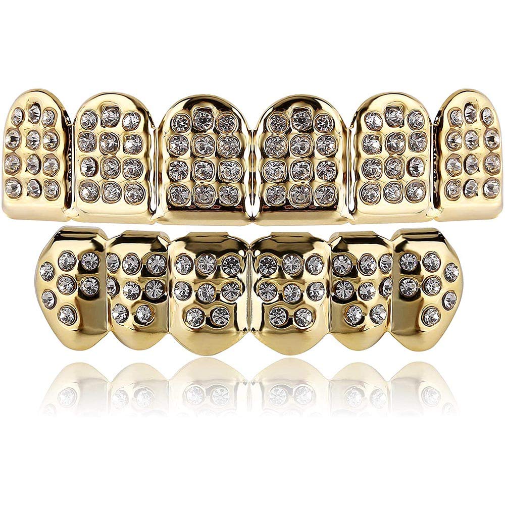 Gold Plated Hip Hop Fang Fake Gold Teeth Grillz Set Slim Half Teeth