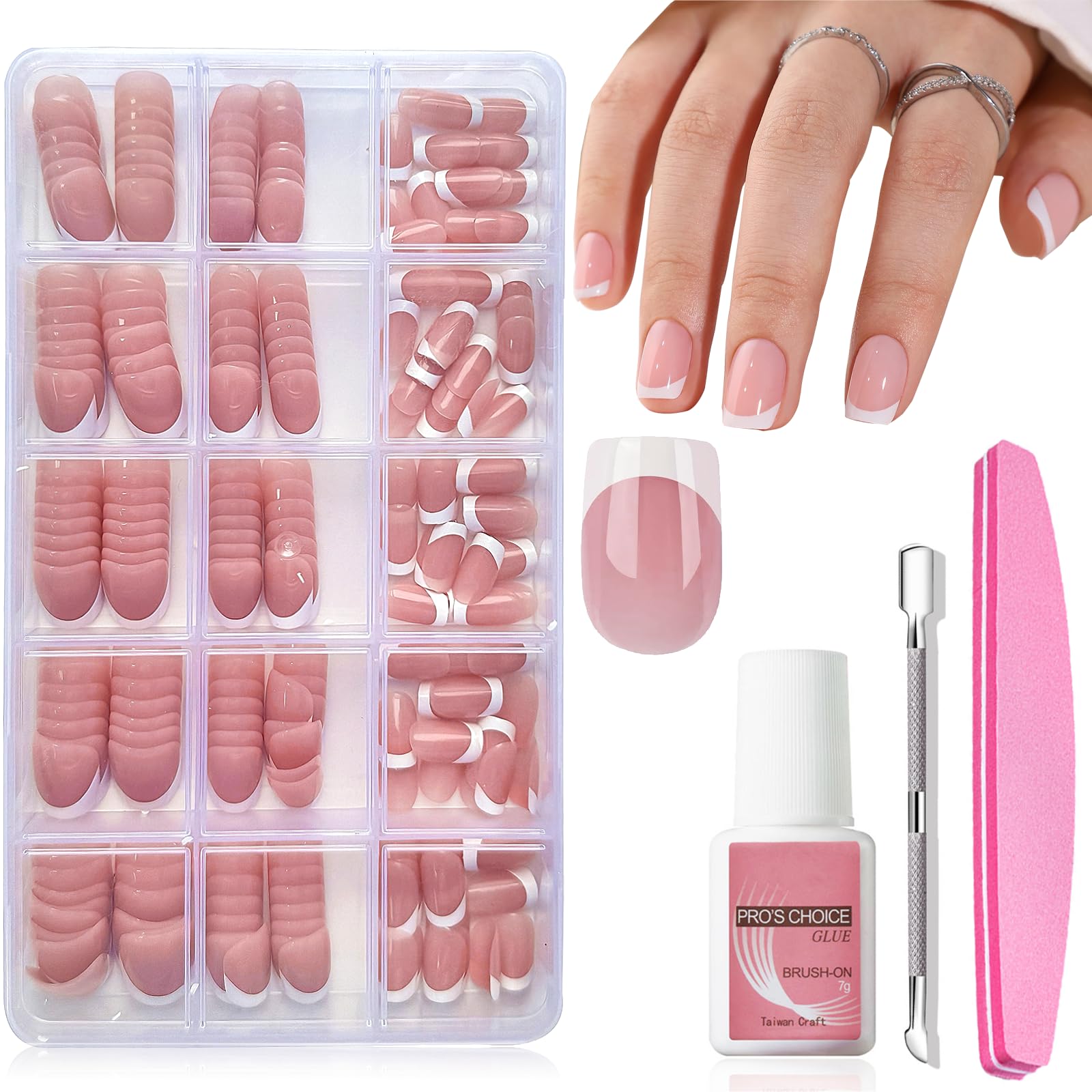French Tip Press on Nails - 240Pcs Short Fake Nails Set - 15 Size Acrylic Full Cover Artificial Fake Nails, Natural Color - French Tip Press on Nails Short Square DIY Nail Extensions
