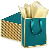 Yeaqee 24 Pack Metallic Paper Gift Bags with Handle and Tissue 9x7x3.1 Gold Foil Welcome Thank You Favor Bags Return Gifts for Wedding St. Patrick's 5 Senses Bridesmaid Birthday(Turquoise, Gold)