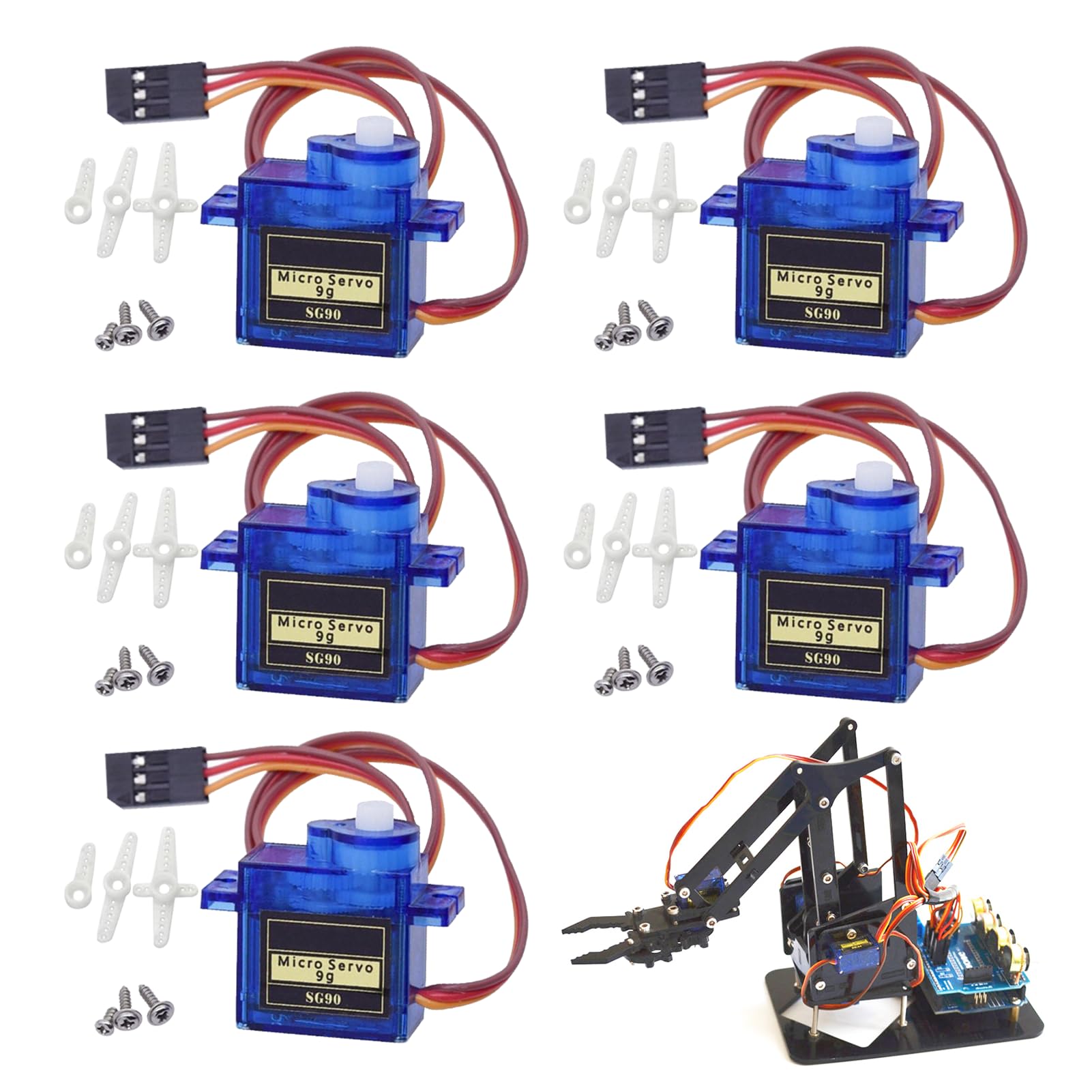 5 Pcs SG90 Micro Servo Motor, Micro RC Servo Motor, Metal Geared MotorKit for ALL kind RC Toys, Compatible with Arduino Projects and Raspberry Pi, Drone/Car/Airplane/Helicopter/Vehicles/Robots — image 1