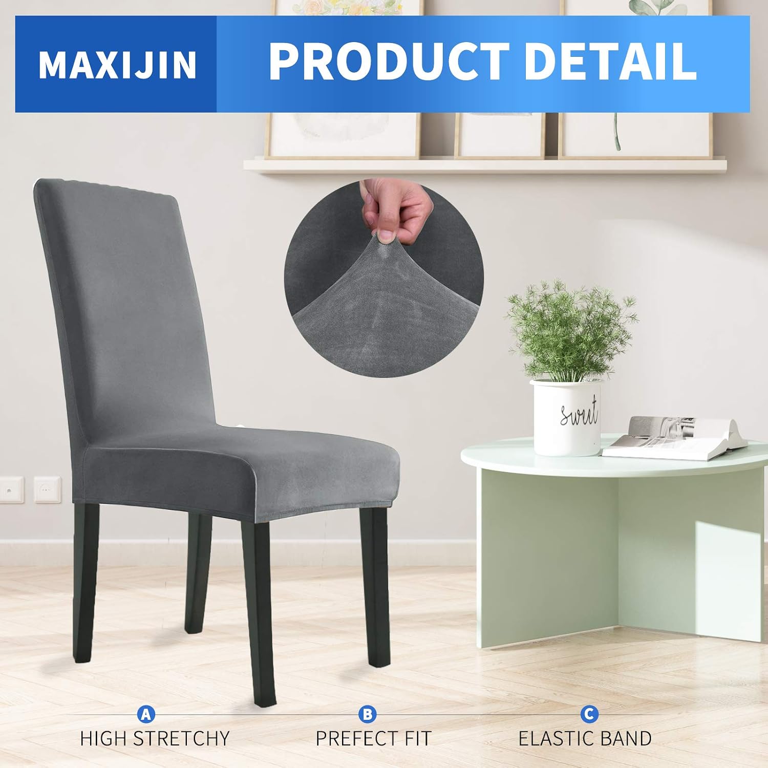 MAXIJIN Stretch Velvet Chair Covers for Dining Chairs Set of 2 Removable Velour Dining Chair Covers Plush Chair Slip Covers for Dining Room,Hotel,Kitchen,Ceremony (Grey - Image 3
