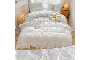 MOOWOO Chic Ruffle Lace Polyester Duvet Cover Set -Girl White Bedding-3 Piece Queen Duvet Cover with Zipper Closure -Ultra Soft and Light Weight (White, Queen)
