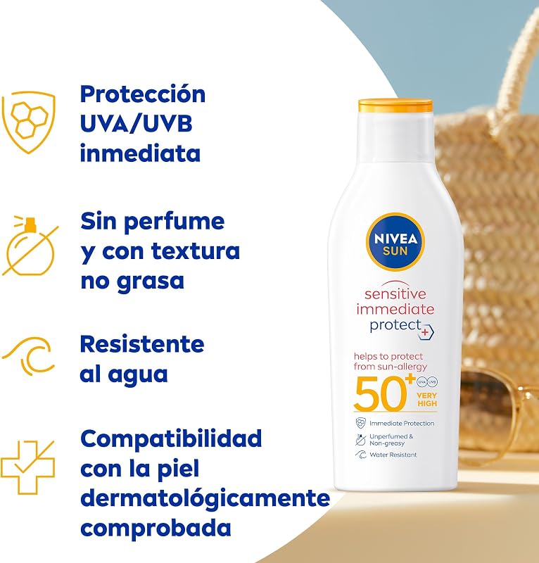 NIVEA SUN Proteção Imediata Sensível Anti-Alergia Leite Solar FPS 50+ (1 x 200 ml), protetor solar não gorduroso para pele sensível, 50 protetor solar resistente à água