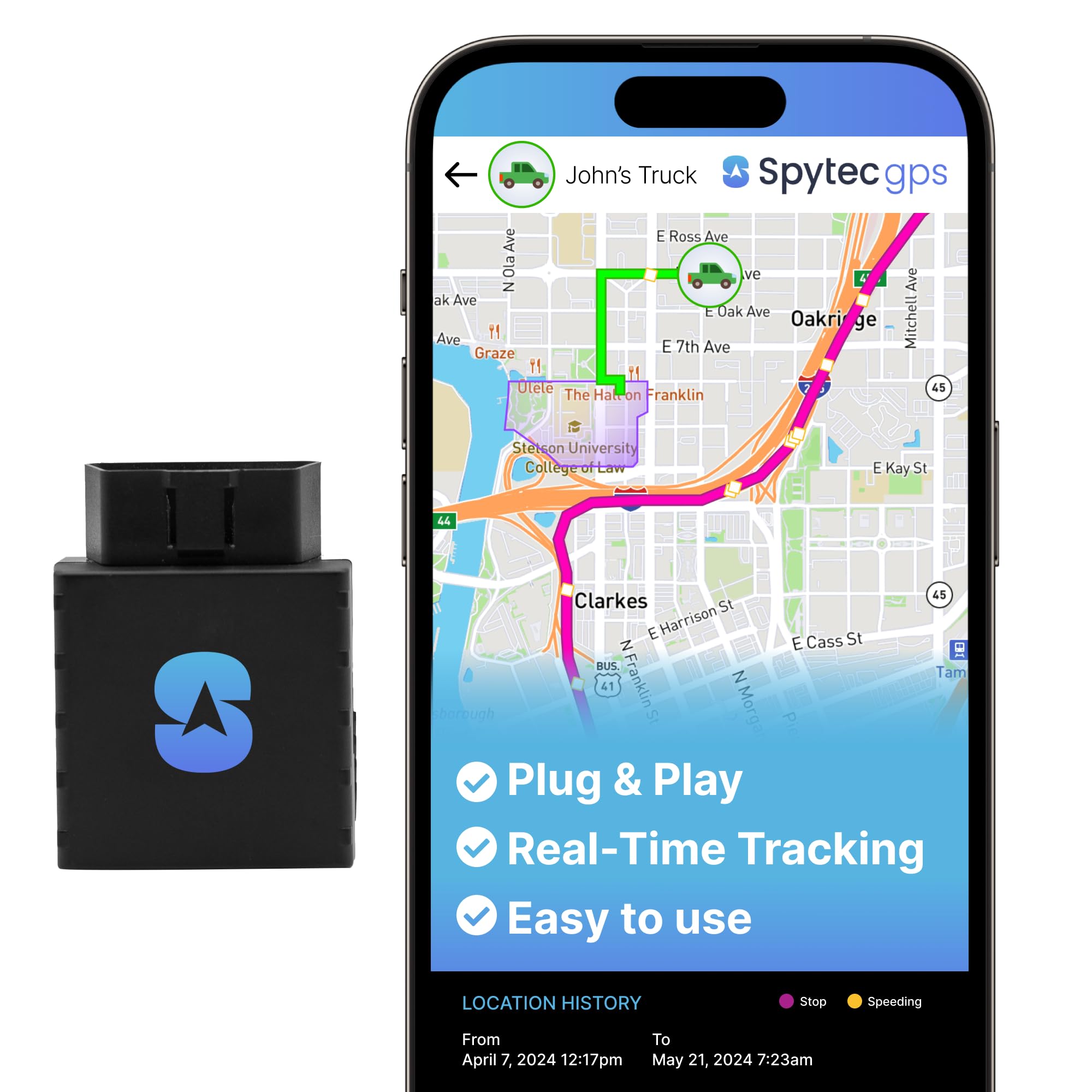 Spytec Anti-Theft Plug-in Car GPS Tracker, Real-Time 1 Second Updates, Ignition On/Off Alerts, Vehicle Movements, Personal & Work Car Monitoring | Unlimited US & Worldwide Tracking App - Low Cost Plan