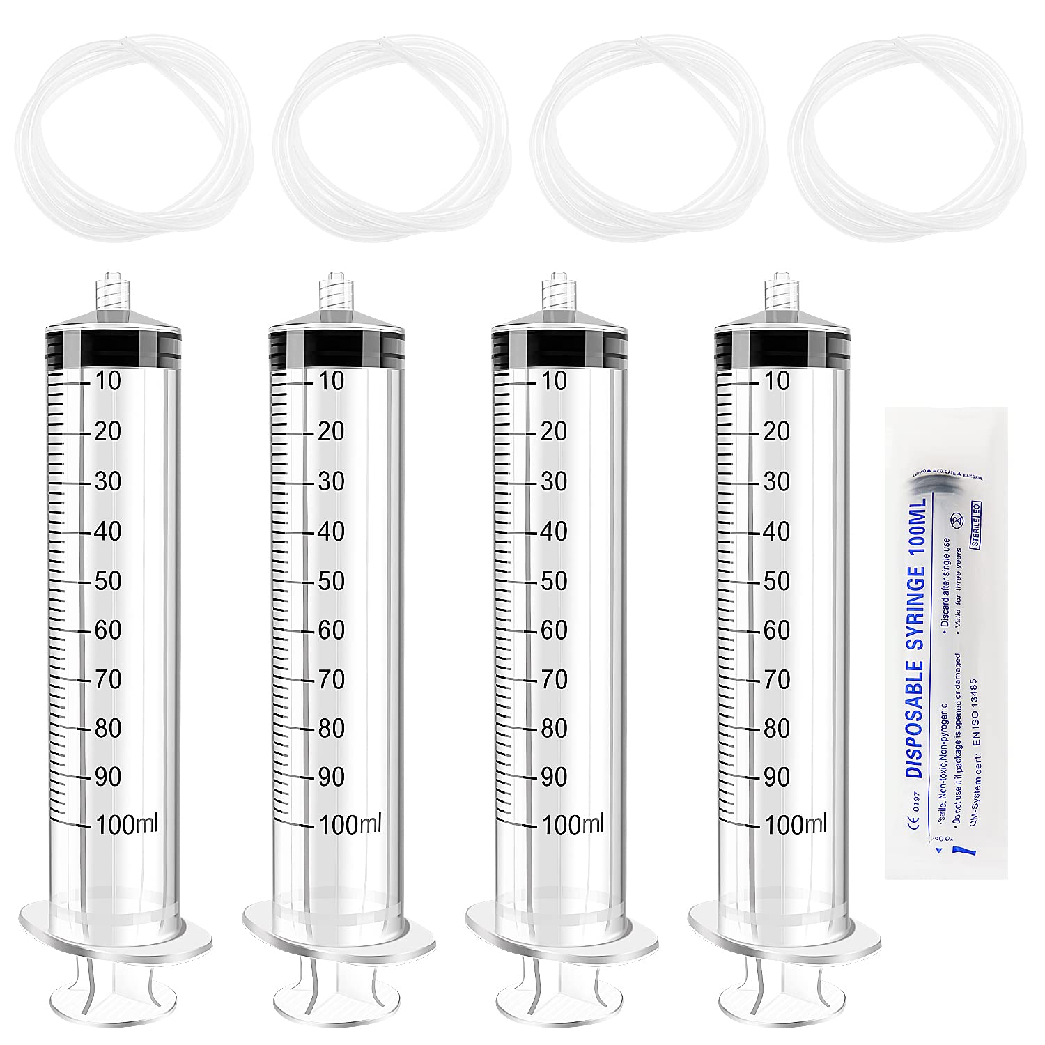 VooGenzek 4 PCS 100ml Luer Lock Liquid Measuring Tool and 4 PCS 130cm Plastic Tubing, Plastic Multipurpose Tube in Individual Wrap, for Scientific Lab, Measuring Liquid, Feeding