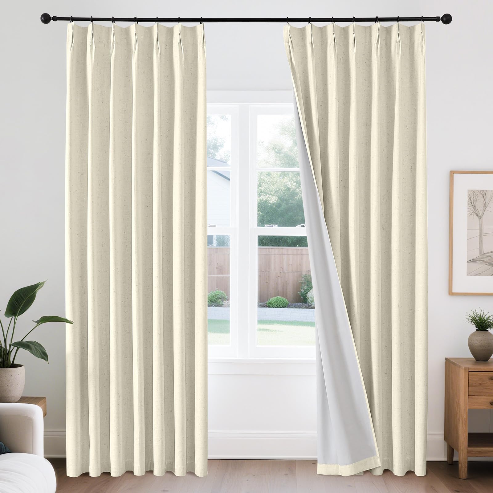 Joydeco Pleated Curtains for Living Room Bedroom, Linen Drapes 90 inch Length 2 Panels Set, Blackout Thermal Insulated Curtain(Linen,40'' Wx90'' L) Image