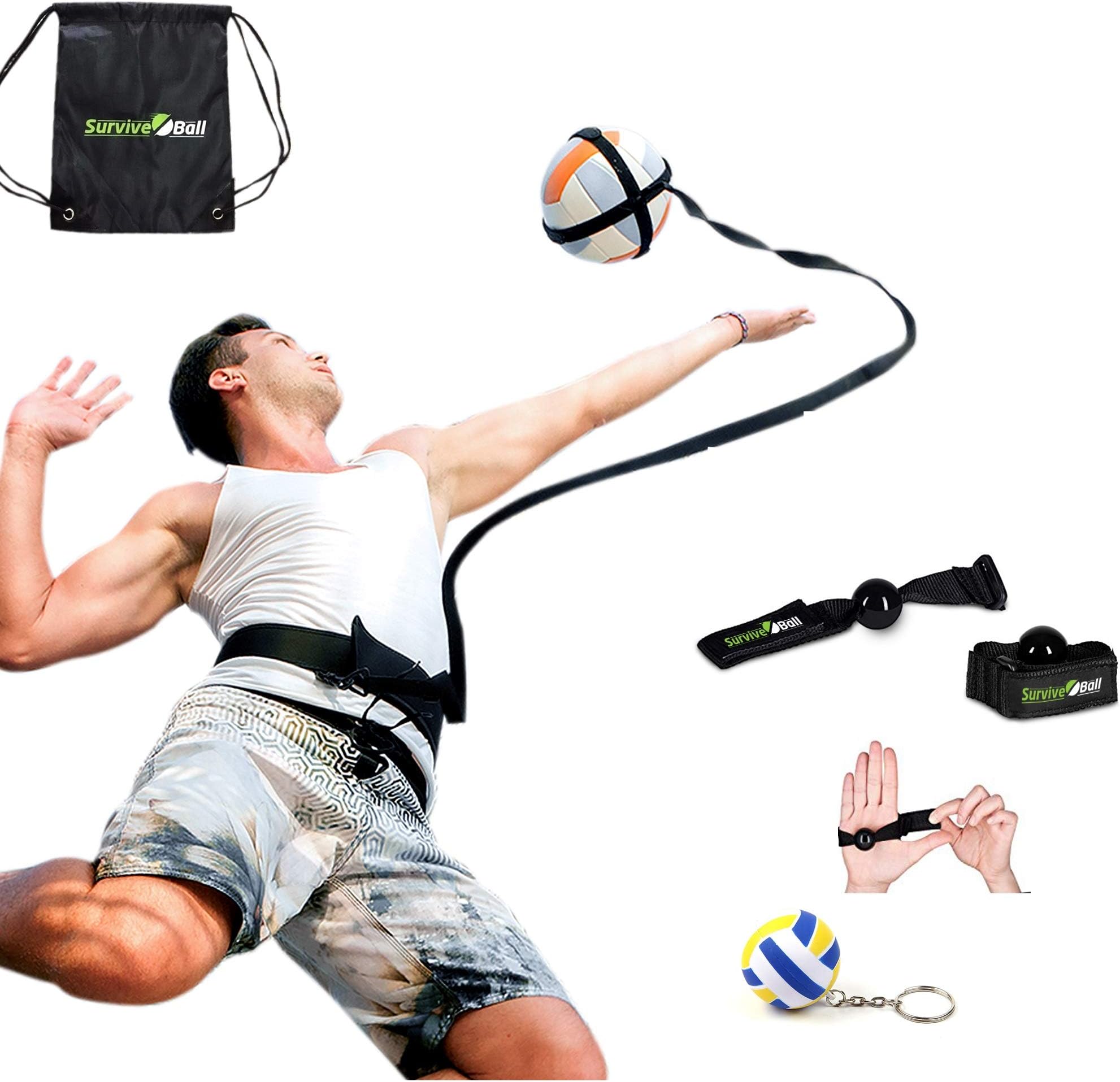 SurviveBall Volleyball Training Equipment Aid – Practice Overhand Serve, Spike, Arm Swings, Hitting. Adjustable Waistband – eBook & Video - Includes 60 & 100 in. Adjustable Cords