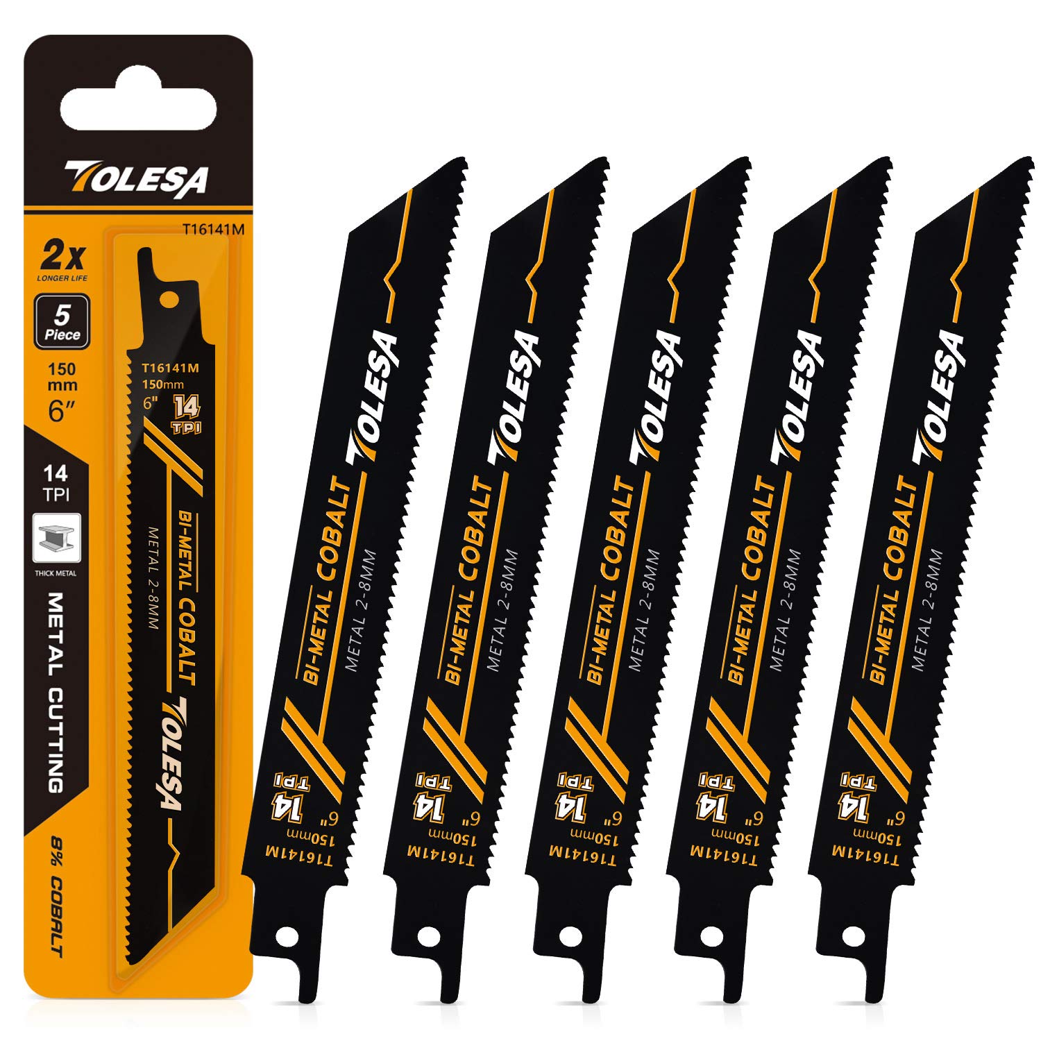 TOLESA Heavy Metal Cutting Reciprocating Saw Accessories 150mm 14TPI for Pipe, Sheet, Rebar, Bi-Metal Sabre Saw Accessories Better Wear Resistance 5 Pack