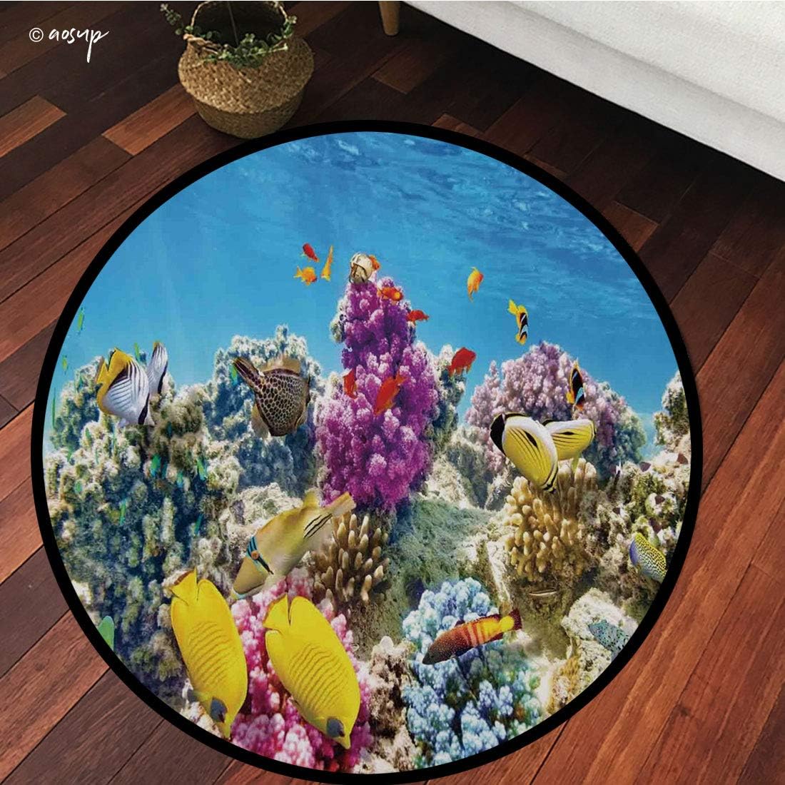 №10587 Round Area Rug Floor Kitchen Carpet, Ocean,Intact Sea Life Fish School and Medusa Jellyfish at Clear Lagoon,Lavender Yellow and Aqua Blue, for Home Decor