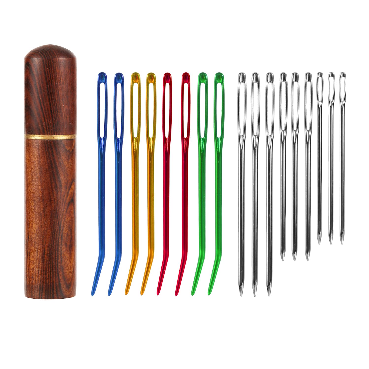 Photo 1 of 17pcs Large Eye Sewing Needles Kit, Stainless Steel Large-Eye Blunt Needles & Bent Tapestry Needles, Sharp Tapestry Needles Hand Knitting Needles with Wooden Needle Case for Crochet Projects