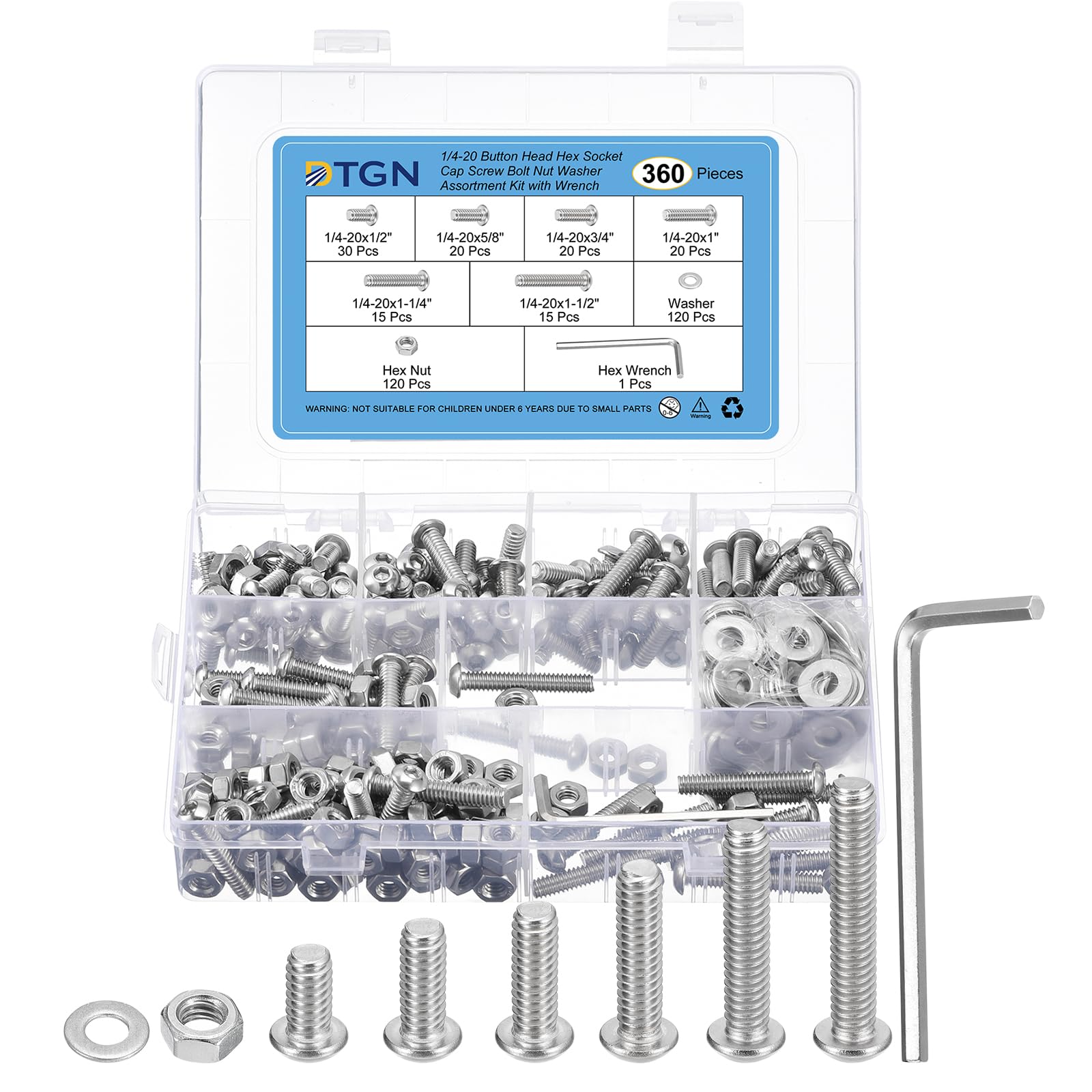 DTGN 360Pcs 1/4"-20 Button Head Socket Cap Screws - 304 Stainless Steel UNC Thread 1/2",5/8",3/4",1",1-1/4",1-1/2" Bolt Nut Set Washer Assortment Kit & Wrench - Good for Machine