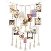 Mkono Macrame Hanging Photo Display Wall Decor with String Lights Boho Room Bedroom Wooden Beads Garland Picture Greeting Cards Holder with 30 Clips