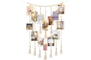 Mkono Macrame Hanging Photo Display Wall Decor with String Lights Boho Room Bedroom Wooden Beads Garland Picture Greeting Cards Holder with 30 Clips