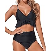 Tempt Me Women High Waisted Ruffle Bikini Set Two Piece Swimsuits Flounce Tummy Control Bathing Suit