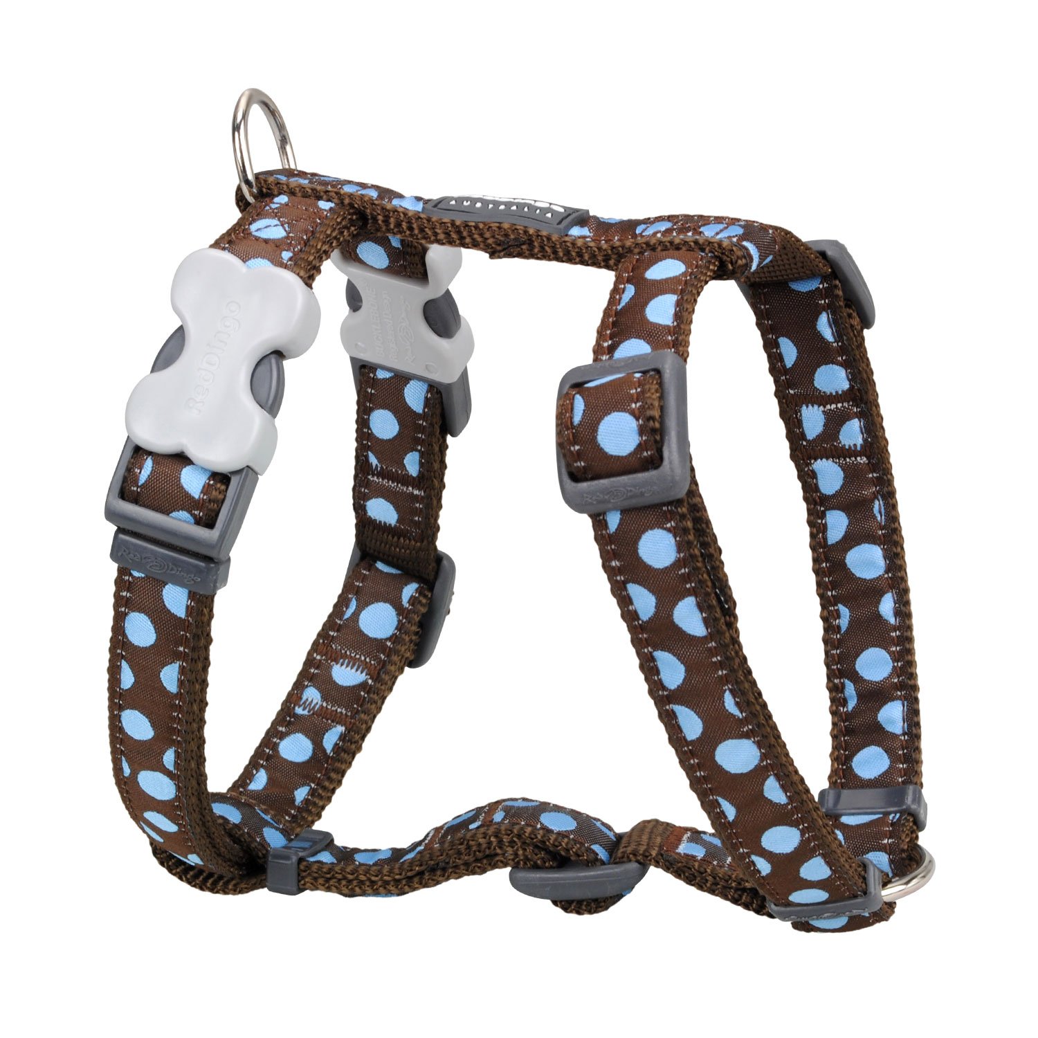 Red Dingo Classic Dog Harness Design, Blue Spots on Brown, Small 15mm