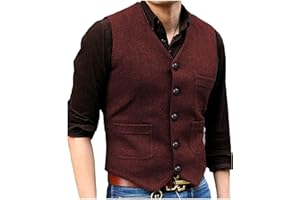 SOLOVEDRESS Mens Vintage Tweed Suit Vest V Neck Casual Wool Waistcoat for Wedding Groomsmen