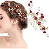 Red Flower Hair Comb Gold Rose Crystal Bridal Side Combs Floral Rhinestone Pearl Combs Vintage Decorative Crystal Emerald Headpiece Wedding Sparkly Hair Accessory for Women