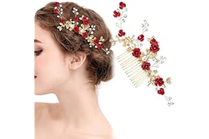 ASWEWAMT Red Flower Hair Comb Gold Rose Crystal Bridal Side Combs Floral Rhinestone Pearl Combs Vintage Decorative Crystal Emerald Headpiece Wedding Sparkly Hair Accessory for Women