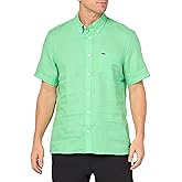 Lacoste Men's Short Sleeve Regular Fit Linen Casual Button Down Shirt W/Front Pocket, Peppermint, XL2XL