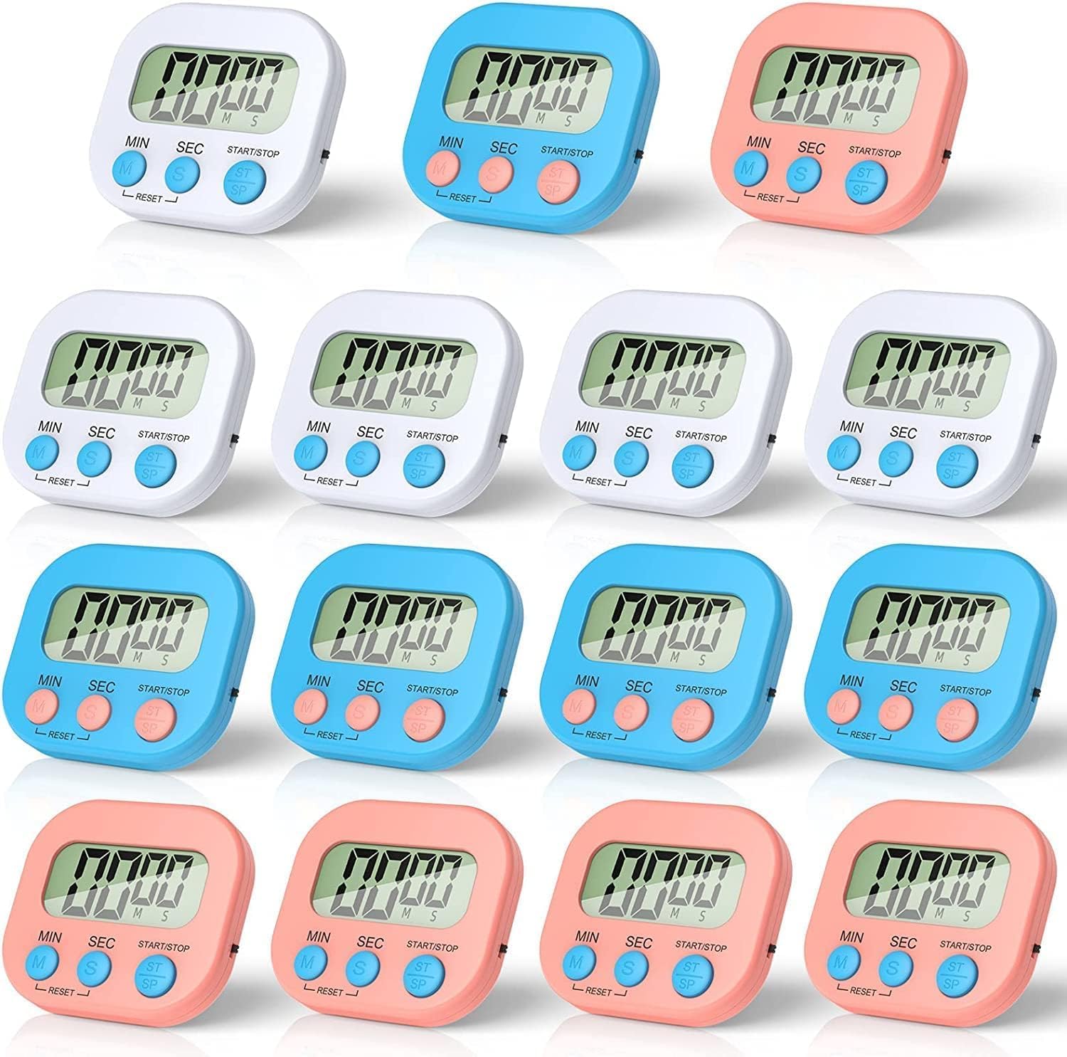 15 Pieces Small Digital Kitchen Timers Magnetic Countdown Timer Loud Alarm Big Digits Classroom Stopwatch Clock Timer for Cooking Baking Sports Games Office, White, Pink, Blue