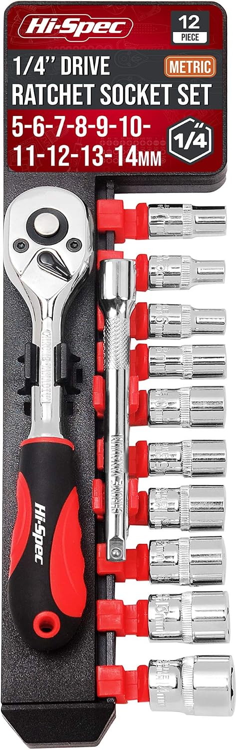 Hi-Spec 12pc 1/4 inch Metric Socket Set including Ratchet Wrench & Extension Bar. Home DIY and Car Garage Mechanic 5 to 14mm Ratchet Socket Tool Set