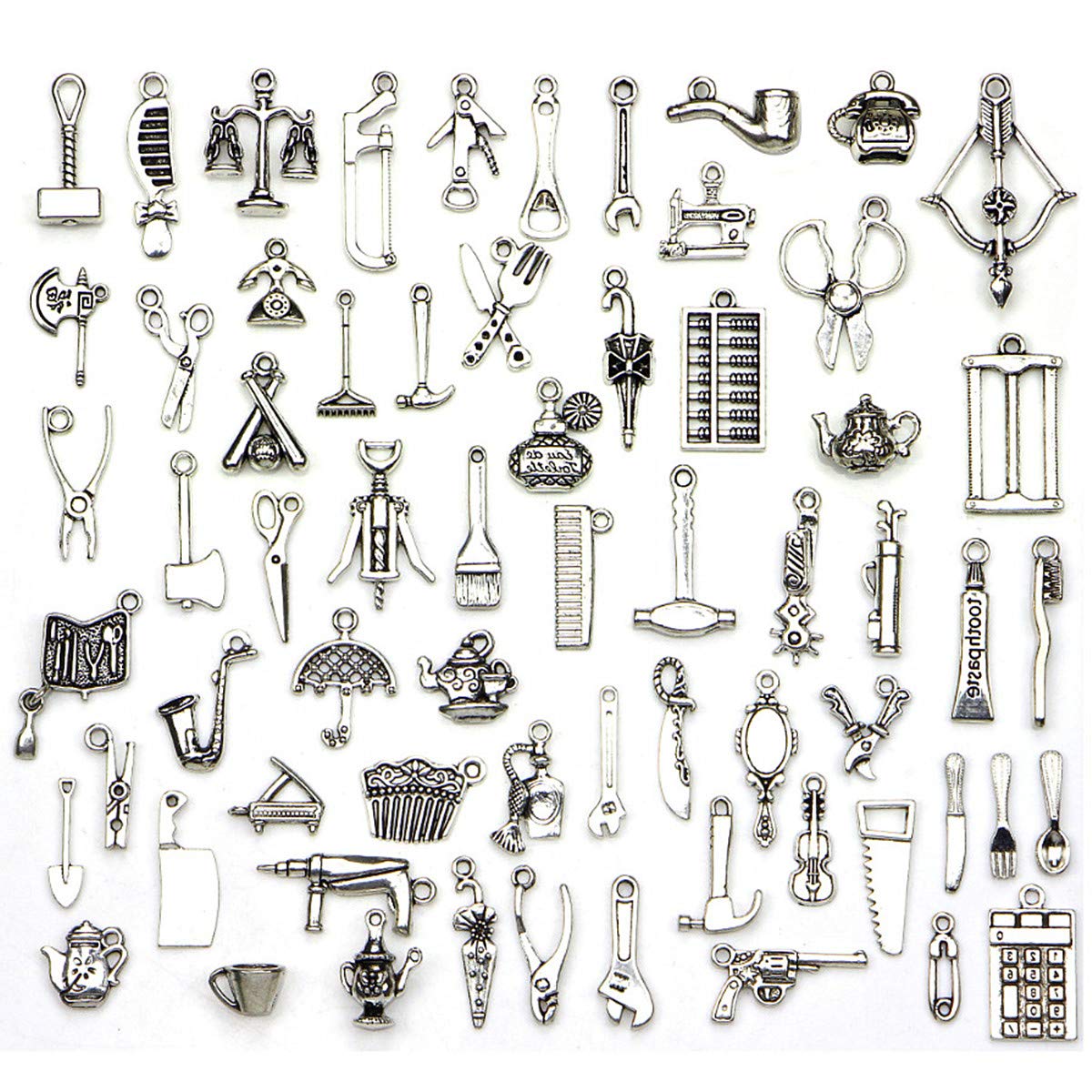 65 Pcs Wholesale Life Tools Theme Bulk Lots Silver Charms Mixed Smooth Tibetan Silver Plated Silver Metal Charms Pendants DIY for Necklace Bracelet Jewelry Making and Crafting