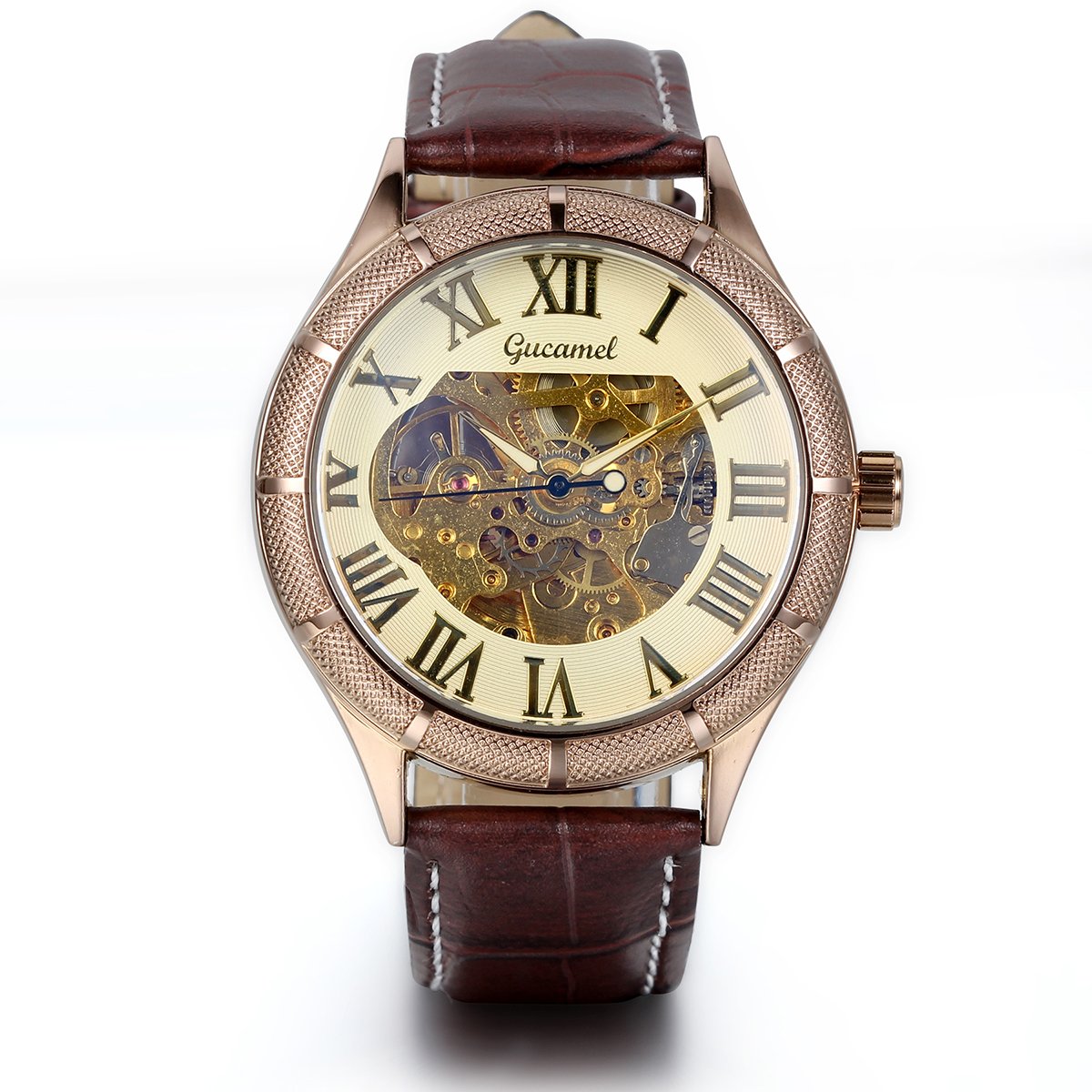 JewelryWe Classic Skeleton Mechanical Movement Wristwatch Brown Leather Business Men's Watch