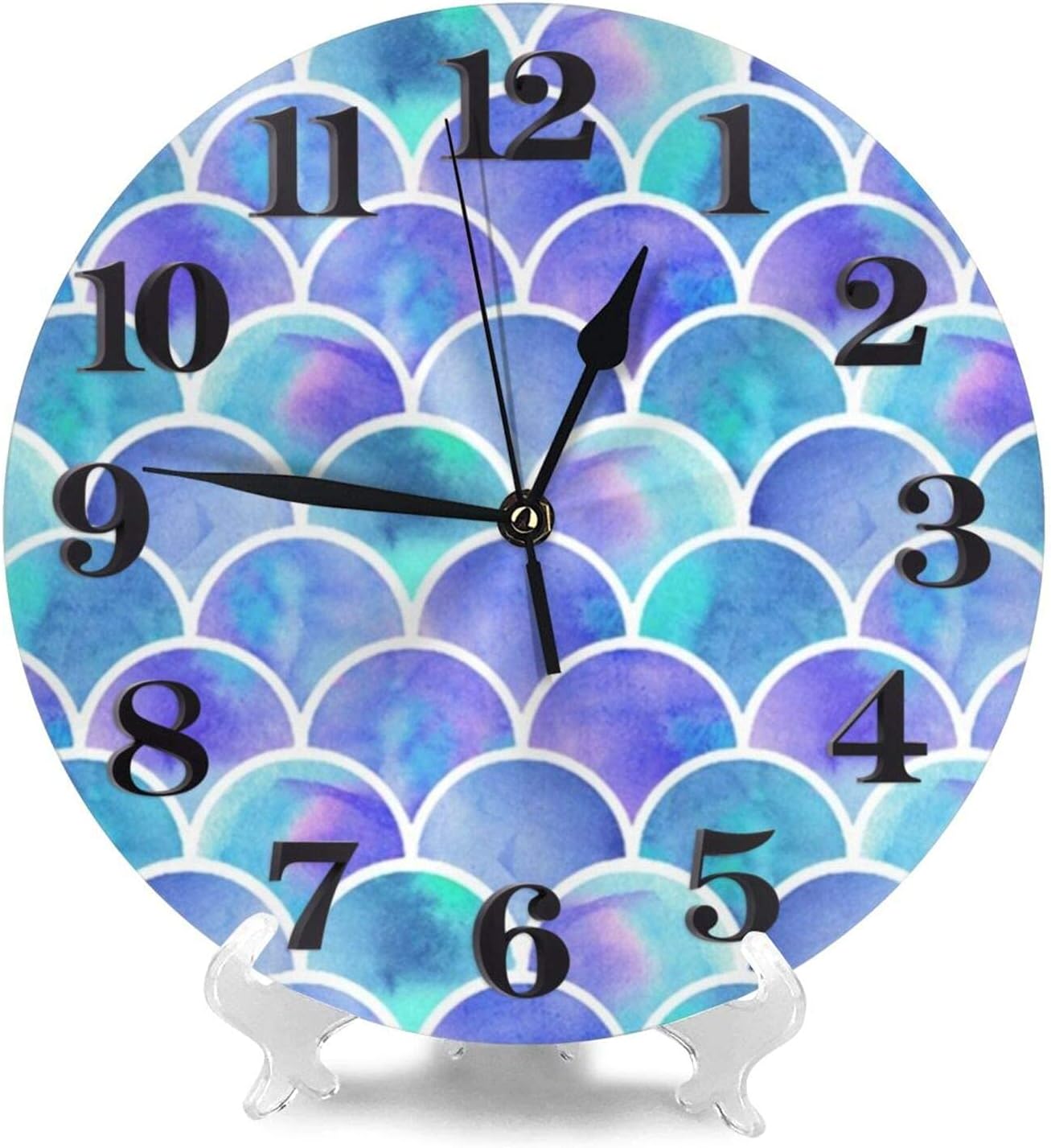 Mermaid Scale Wall Clock Silent Home Decor Battery Operated Non Ticking 10 inch Diameter for Bathroom Bedroom Kitchen Living Room