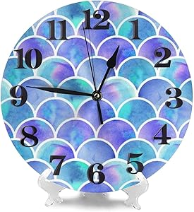 Mermaid Scale Wall Clock Silent Home Decor Battery Operated Non Ticking 10 inch Diameter for Bathroom Bedroom Kitchen Living Room