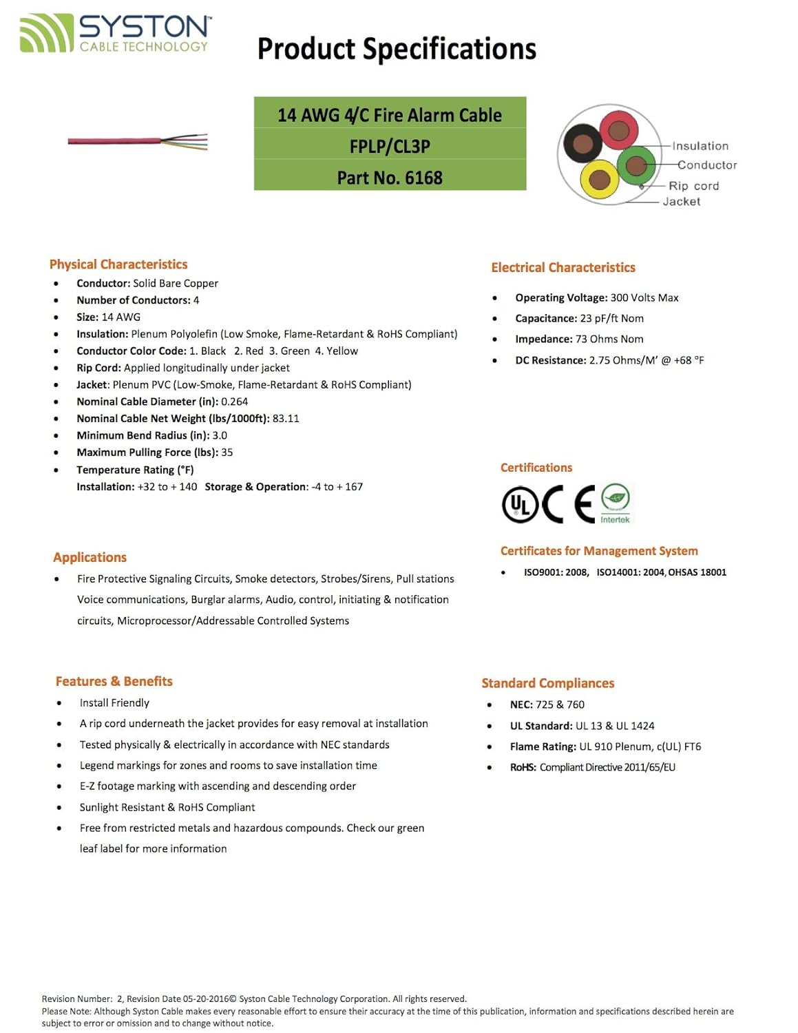 Amazon.com: 14/4 Solid Unshielded, Fire Alarm Cable, UL FPLP/CL3P/FT6, 14AWG 4 Pure Copper Conductors, RoHS Red 1000ft Spool: Electronics